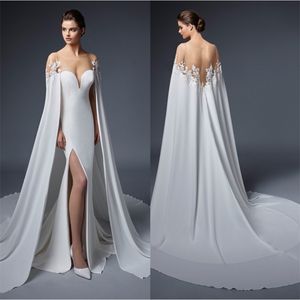 Prosta Syrenka Koronki Aplikacje Suknie Ślubne Sheer Neck Suknia Bridal Custom Made Jewel Backless Side Split z Wrap Robes de Mariée