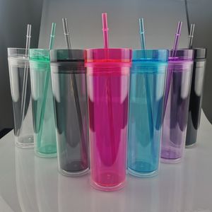 22oz acrílico tumbler tumbler duplo tumblers skinny plástico garrafa de água clara caneca com palha a02