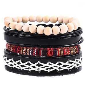 Charm Armband st Set Hippie Punk Black Brown Leather Band Beige Wood Beads White Cord Knots Tibatan Wide Bangles For Man1
