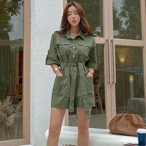 Coreano Chic Playsuits Vintage Single-Breasted Macacões Lotos Atadura Curta Macacão Mulheres Casual Larga Perna Shorts Jumpsuit T200704