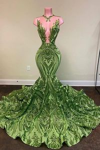 Olive Green Mermaid Prom Dresses Black Girls paljett Juvel Neck Illusion Långt plus storlek Formell aftonklänningar examen