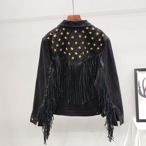 Denim kurtka damska jesień nowa wiosna Vintage gwiazda nit zamsz Fringe luźny płaszcz z długim rękawem odzież wierzchnia kobieta kurtka Boho 201007