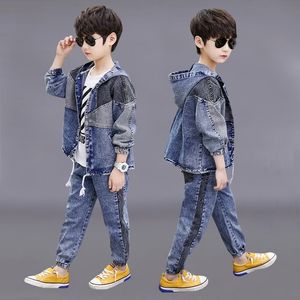 Neue Jeans Kinder Kleidung Set für Jungen Mode Mit Kapuze Denim Jacken und Hosen Herbst Kinder Cowboy Anzüge 10 12 jahr Outfits 201127