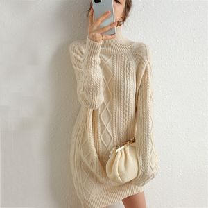 Long Sweater Dress Mulheres Turtleneck Outono Grosso Pulver Pullover de Cashmere Merino Merino Sweater Oversized 201109