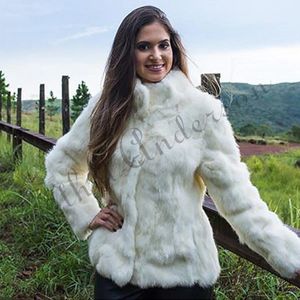 エステルアンダーソン女性の本物のウサギの毛皮のコートスタンドアップカラーデザインジャケットホワイト/ブラック201103