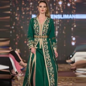 Eleganckie Green Muzułmańskie Suknie Wieczorowe Złote Koronkowe Aplikacje Luksusowy Projektant Marokański Kaftan Islamski Saudyjska Arabska Party Suknia Prom Dress