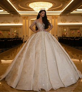 Luxury Glitter Ball Gown Wedding Dresses Sheer Jewel Neck Long Sleeve Puffy Sweep Train Bridal Gowns Plus Size Robe De Mariée