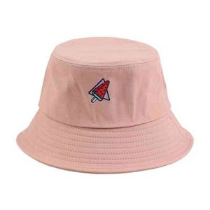 Coreano Harajuku Unisex Casais Algodão Bucket Chapéu Cute Watermelon Fruta Bordado Ao Ar Livre Solcreen Panamá Pescador Cap G220311