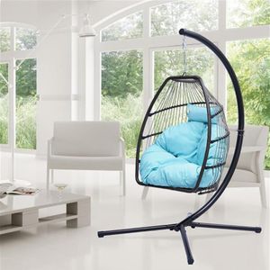 Patio Wicker folding Hanging Chair Rattan Swing Hammock Egg Chair with C Type bracket with cushion and pillow US stock a13 a16294x