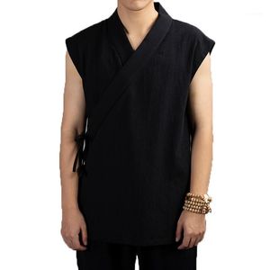 Abbigliamento tradizionale cinese 2019 Hanfu Uomo Giacca senza maniche in cotone e lino Abito da uomo con linguetta Kimono Cardigan Cappotto con punto aperto maschile1