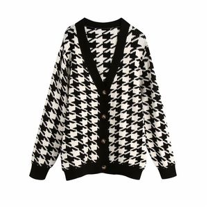 Evfer Women Autumn Casual Houndstooth Black Knitted Cardigans Sweater Laides Fashion V-neck Long Sleeve Plaid Sweaters Chic 201202