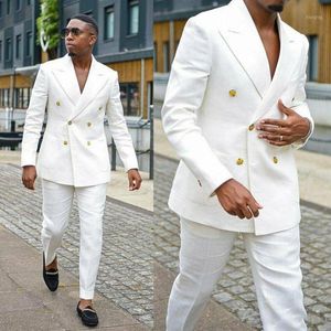 Men's Suits & Blazers Handsome Men's Formal White Linen Groom Wear Double Breasted Party Wedding Peaked Lapel Tuxedos(Jacket+Pants)1