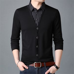 BROWON Mode Patchwork Gefälschte Zwei Designer Männer T-Shirt Langarm Gestreiften drehen-unten Kragen Übergroßen T Shirt Kleidung 220309