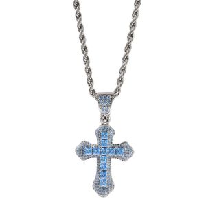 Hip Hop Holiday Gift Blue Zircon Cross Pendant Halsband Alla hjärtans daggåva för män Kvinnor Rapper Smycken