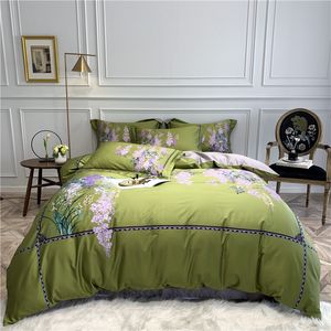 Green Grey Floral Printed Rich Color Duvet Cover Set 600TC Egyptian Cotton Vintage style Luxury Bedding Set Soft Bed sheet set T200706