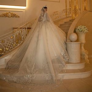Arab Dubai bollklänning bröllopsklänningar lyxiga långa ärmar applicerade kristallpärlor brudklänningar v halsanpassade vestidos de novia270o