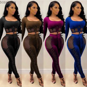 Dame Sexy Schlank Strappy Mesh Perspektive zwei stück hosen set frauen Designer Langarm bandage Hosen Frühling Kleidung 825