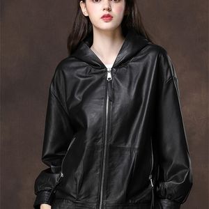 Nerazzurri Preto Jaqueta de Couro de Oversized Mulheres com capuz de manga comprida zíper de ombro plus size primavera Faux Leather Casaco LJ201021