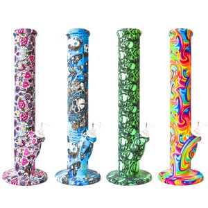 Skull Non Fading Printing Oil Rig Silicone Water Bongs 14,4 mm Joint Glass Set Glass Bongs rök Tillbehör