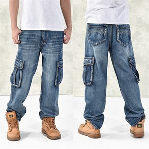 HOT New Large Size 30-44 46 Jeans Fashion Loose Big Pockets Hip-Hop Skateboard Casual Men Denim Blue & Black Design Brand 201223