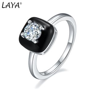 Laya Solitaire Ring For Women Pure 925 Sterling Silver Retro Style High Quality Zircon White Black Enamel Fine Jewelry Handmade Enamel 2022 Trend