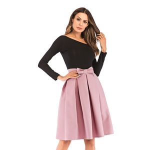 Neophi Causual Bow Pleated Women Skater Skirts Knee Length Winter High Waist Ladies Solid Black Ball Gown Saia S-XXL S8423 201111