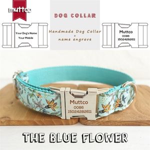 Muttco Retailing Creative Fresh Style Dog Collars Blue Flower Anti-Lost Handmade Regulowany Kołnierz Dog 5 Rozmiary LJ201111