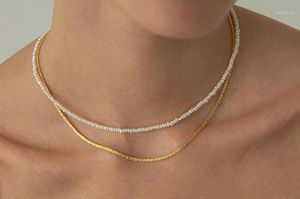 Chokers Real Pearl 2mm White Flat Necklace Gold Clasp Extend Chain Natural Freshwater Women Jewelry 14'' 17'' 35cm 43cm1