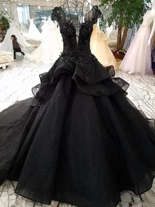 Black Ball Gown Wedding Dress 2021 Gothic Court Bridal Gowns Lace Up Prisess Långt tåg Beaded Cap Sleeves Bröllopsklänningar