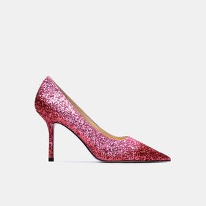حقيقي صور أزياء المرأة الوردي بريق نقطة تو مثير رقيقة عالية الكعب أحذية 8 سنتيمتر الخناجر عالية الكعب للنساء