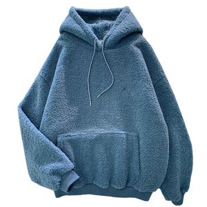 Ny Höst Vinter Tjock Varm Coat Velvet Cashmere Kvinnor Hoody Sweatshirt Solid Blå Pullover Casual Topps Lady Loose Långärmad T200730