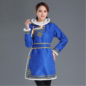 Kleidung im mongolischen Stil Frauen Winter Robe Tang Anzug Vintage dicke warme Hanfu -Damen Kapuzenpartykleider