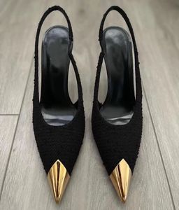 高級女性 Vesper サンダル靴女性のためのスリングバックパテントレザー金属つま先キャップ女性パンプスファッションハイヒールコンフォートウォーキング EU35-40.BOX