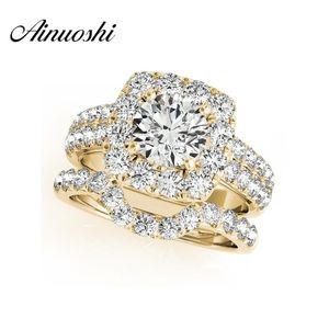 AINUOSHI 925 Sterling Silver Yellow Gold Color Lover Ring Sets Sona 1ct Round Cut Halo Bridal Ring Sets Engagement Silver Gifts Y200106