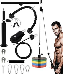Home Workout Gym Equipment Fitness Lift Pulley System Kit with Loading Pin Tricep Strap Bar Cable Rope Machine Muscle Strength Training