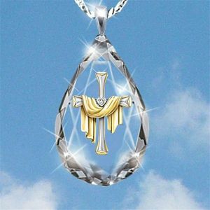 2021 Moda Chic Złoto Srebrny Dwa Tone Cross Religijny Jezus Wisiorek Kryształ Drop Krzyż Naszyjnik Dla Mężczyzn Kobiety