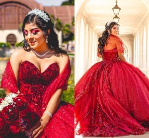 Dark Red Sequined Lace Ball Gown Sweet 16 Dresses With Wraps Strapless Lace-up Tulle Princess Quinceanera Dresses Vestidods De Festia Formal