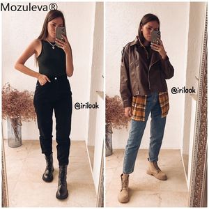 Mozuleva الخريف الشتاء القطن كامل طول جيوب عالية مخصر جينز امرأة منتظمة الدينيم الجينز أنثى 201105