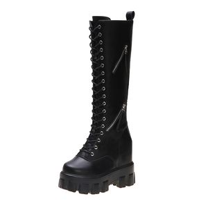 New Winter Women Knee Botas High Wedges Saltos altos 11 cm de plataforma Lace Up Botas longas pelúcia dentro de sapatos de pele quente botas de motocicleta botas