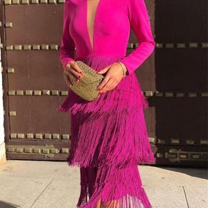 Office Ladies Rose Red Fringe Sexig Dress Womens 2022 Spring Summer Fashion Kne Length Slim Party Night Dresses XXL Tassels 220228