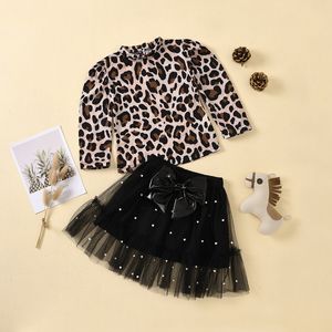 Outono crianças conjuntos de roupas crianças leopardo impresso manga longa topo + bowknot pérola renda malha saia curta 2 pçs/sets menina terno m2867