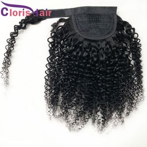 #1B Kinky Curly Ponytail Extensions Clip Ins Real Human Hair Peruvian Virgin Wrap Around Ponytails For Black Women Full Magic Paste PonyTail Hairpiece