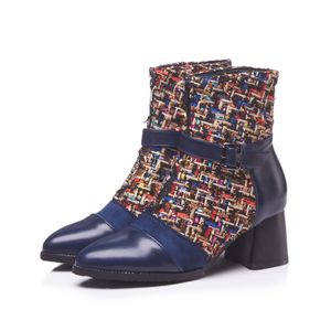 Hot Sale-women's fashion ankle boots plaid fabric black blue chunky heel winter booties for ladies party casual office style winter shoes
