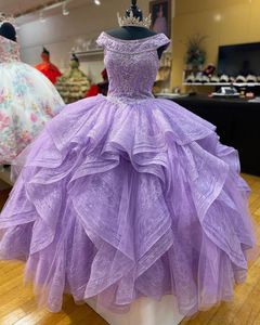 Lavendel Ball Gown Sweet 16 Dresses Ruffled Lace Beaded Applique Off The Shoulder Quinceanera Dress Prom Graduation Vestidos de Festia