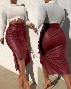 Fashion Ladies Skirts Sexy Womens Leather Skirt Slit Long Slim-fit Lace Up Skirts Solid Color High Waist Pencil PU Casual Club Wear Size S~3XL 601 269