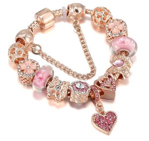 Top Quality Rose Gold Pink Silver Charm Beads Cherry Red Heart Crystal Butterfly Flower Fits European Pandora Charms Bracelets Safety Chain Jewelry DIY Women