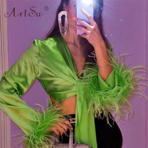 Artsu Frente Bow At Up Sexy Slim Women Vendaje Camisa de corte de baja corte de manga larga con plumas peludas Green Satin Cult Top Ropa de clubes