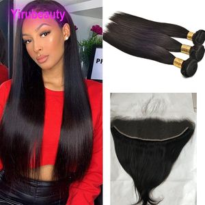 Cabelo humano peruano hd renda frontal com pacotes parte livre sedoso reto 4 peças/lote cor nautral remy cabelos virgens