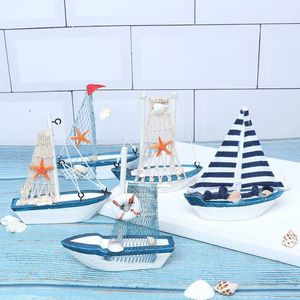 Oggetti decorativi Figurine 1 Pz Stile Mediterraneo Marine Nautico Legno Blu Barca Nave Ornamenti Artigianali In Legno