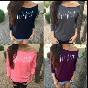 Kadın T-shirt Toptan-CreaBygirls Wifey Bayan Rahat Uzun Kollu T-Shirt Yuvarlak Boyun Moda Kadınlar LN-650M1 Tops